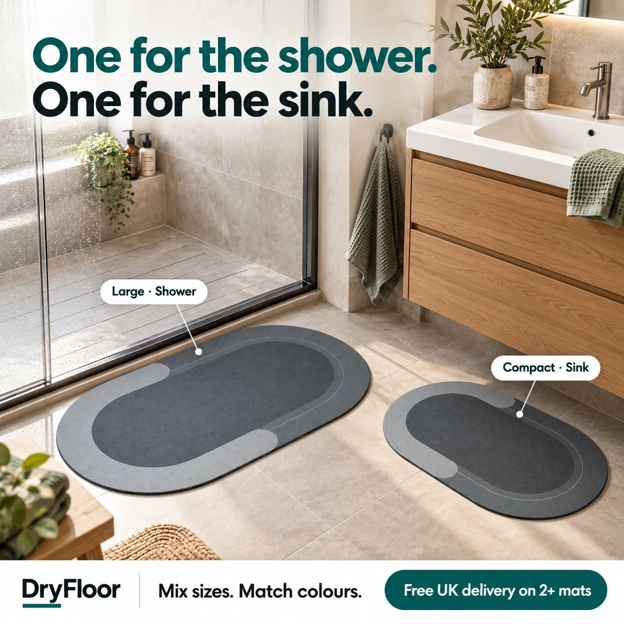 DryFloor bathroom set: one mat for the shower and one for the sink.