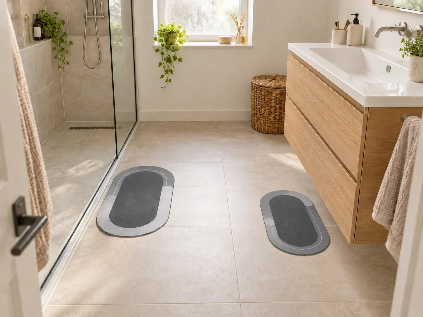 DryFloor mats placed by the shower and sink in a bathroom.