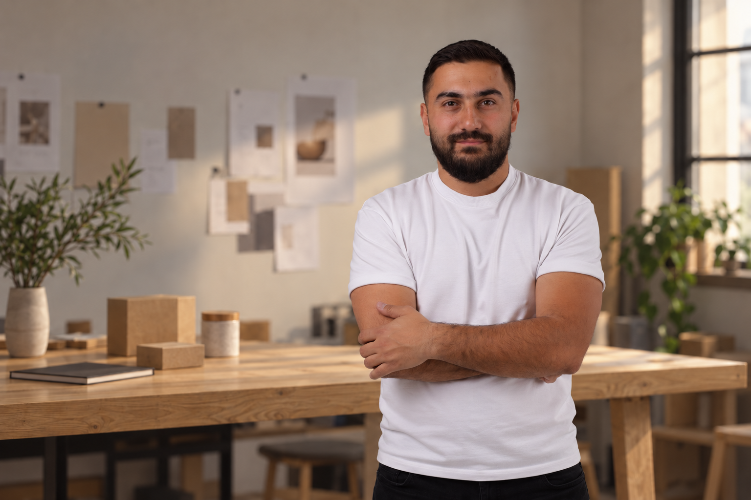 Roman Sahakov in a white T-shirt with naturally crossed arms in the warm studio setting